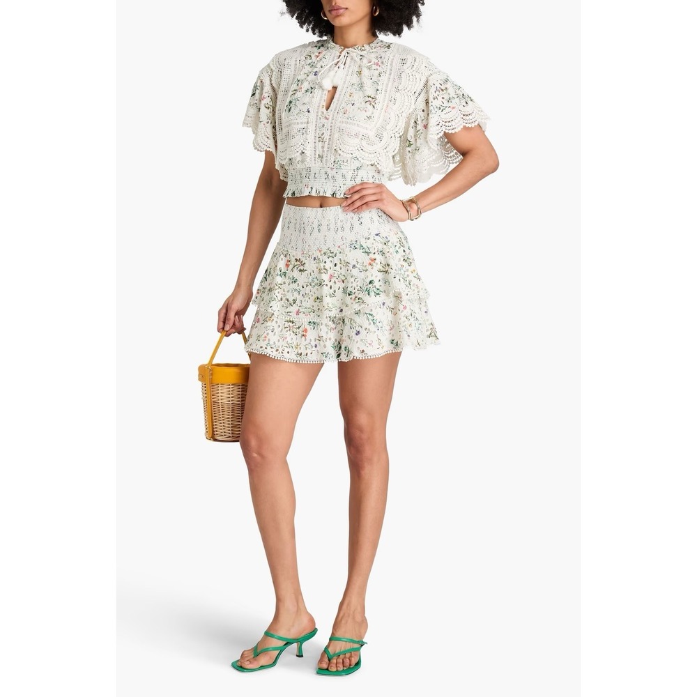 Alice + Olivia Joey Mini Skirt XL White Floral Tiered Cottagecore Boho Chic NWT